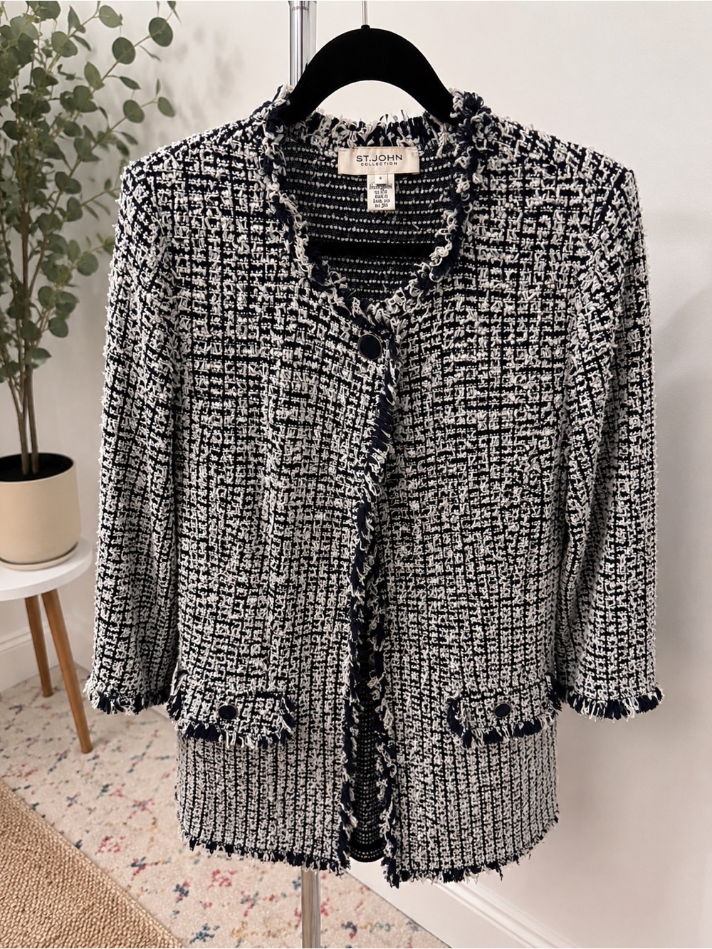 St. John Black and White Tweed Fringe-Trim Jacket